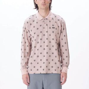 NWT OBEY Pest long sleeve jacquard pique polo peach whip (mauve pink) black M